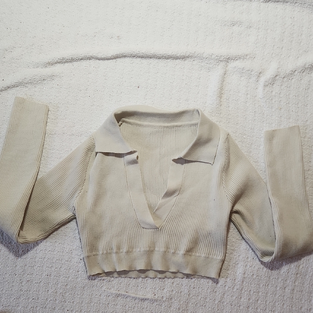 Cream Ribbed Long Sleeve Crop Top